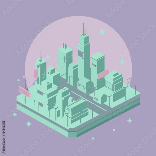Pastel-colored futuristic cityscape in an isometric view. Elevated city with stylized buildings and signs. Urban landscape illustration for game development or advertising.
