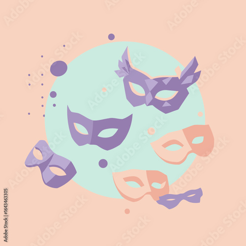 Pastel-colored masquerade masks with geometric designs in a light mint green and peach background. Floating masks in different shades of purple and peach against a light pastel background.