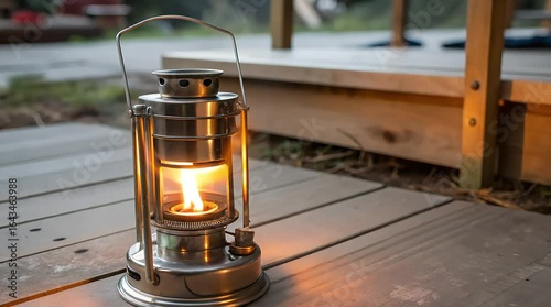 A portable camping stove with a flame burning inside. The stove is made of metal and has a handle. It is sitting on a flat surface.