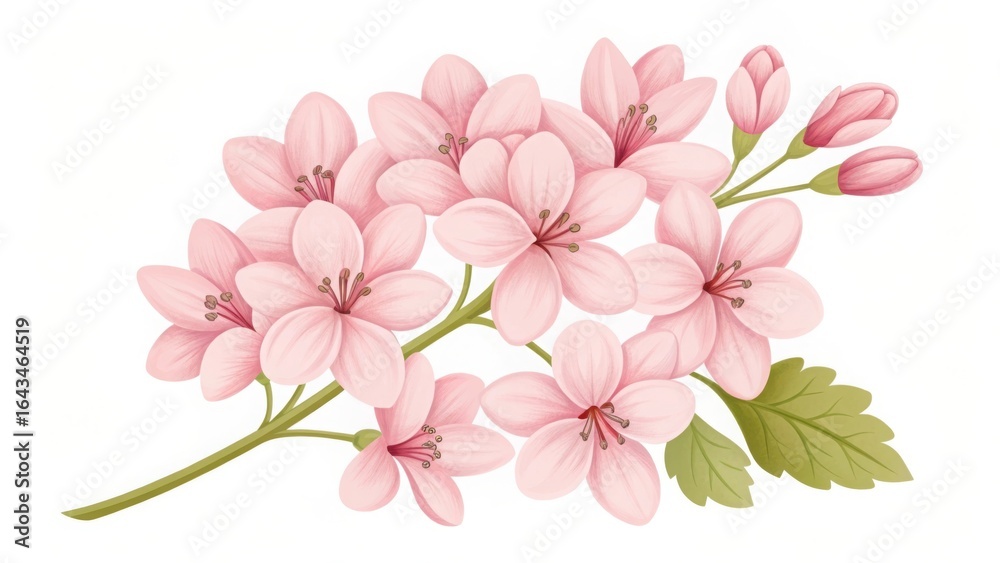 Fototapeta premium Delicate pink cherry blossoms with green leaves on a white background