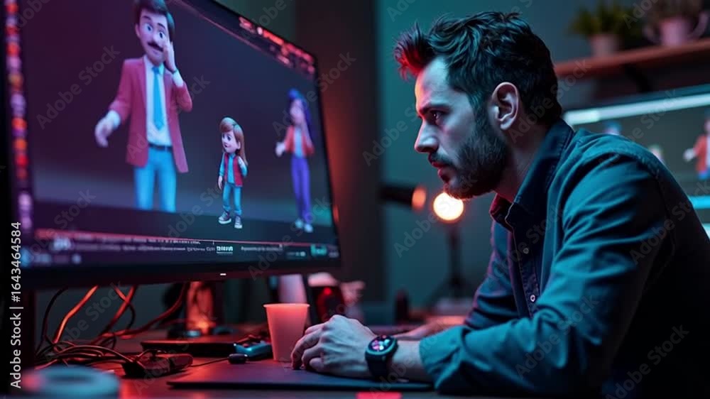 Creating Animated Characters on Computer Screen at Night 素材庫影片 | Adobe ...