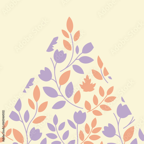 Floral pattern design with pastel colors in a geometric triangle shape. Simple, repetitive floral pattern of mauve flowers and coral leaves on a light beige background.