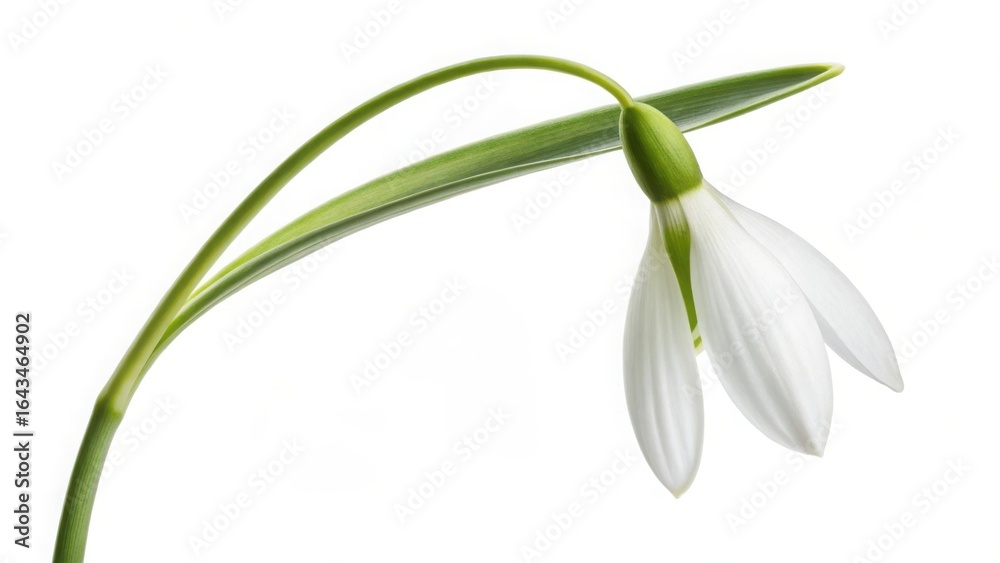 Obraz premium Delicate white snowdrop flower with green stem and leaves on a white background