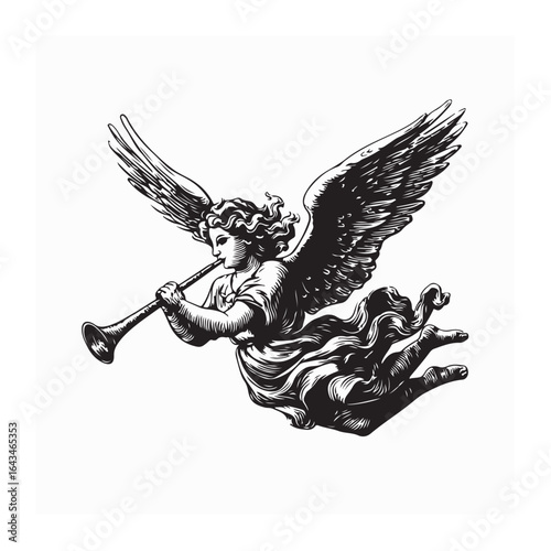 Spiritual Angel Flying Above the Clouds Playing a Trumpet in a Bright Heavenly Setting