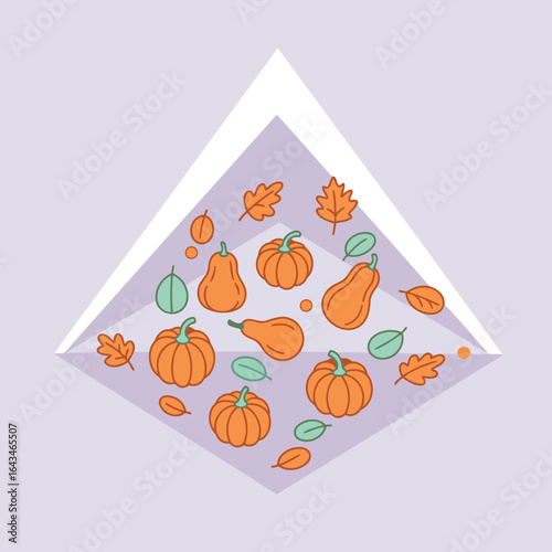 Autumnal pumpkin and gourd design with fall leaves. Abstract graphic design with seasonal produce and foliage. Modern illustration for graphic design projects -