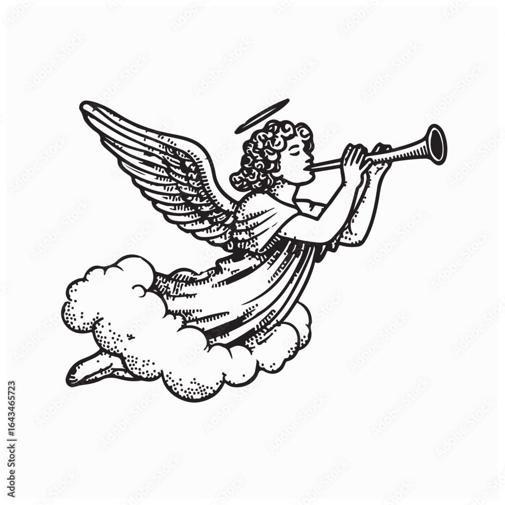 Fototapeta premium Winged Angel Flying in the Sky Blowing a Divine Trumpet