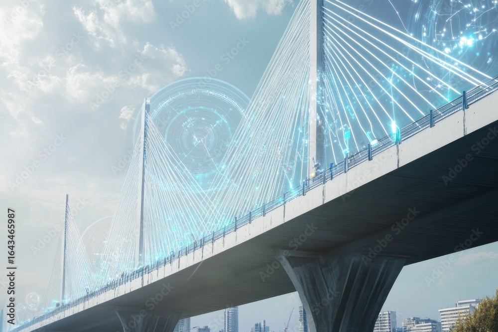 Fototapeta premium Innovative cable-stayed bridge showcasing advanced technology and urban design along the river
