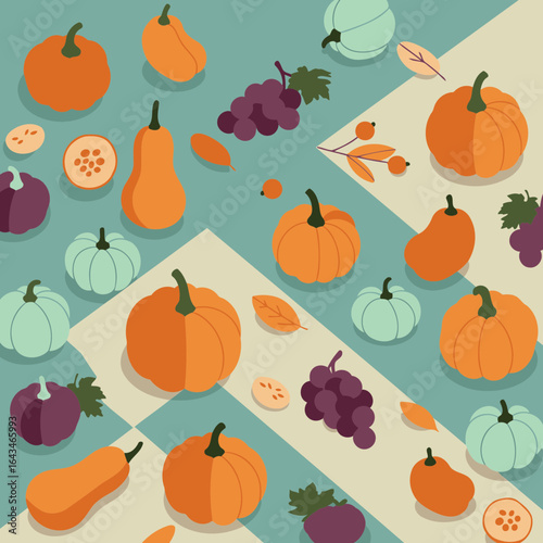 Autumnal harvest of pumpkins, gourds, grapes, and leaves in an isometric design. Colorful fruits and vegetables arranged with a geometric pattern on a teal and beige background.