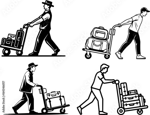 Person pulling a luggage cart, black and white vector illustration design
