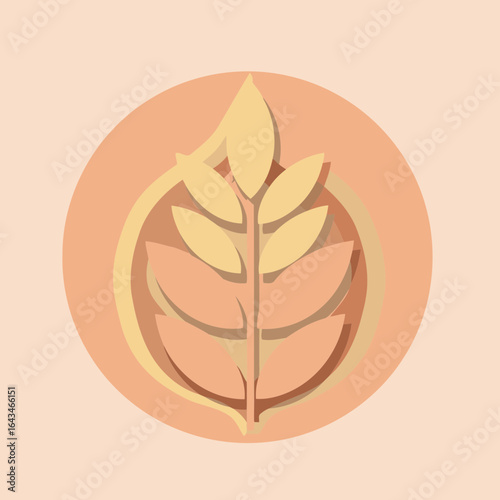 Abstract graphic of a stylized wheat or plant sprig in peach and beige tones. A simple, layered design with a circular background.