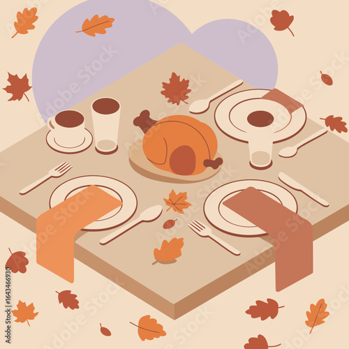 Thanksgiving dinner table setting with roasted turkey centerpiece. Family gathering with autumnal decor. General public. home chef/family for Thanksgiving. kitchen/dining room.