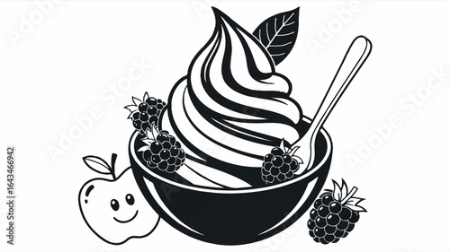 A black and white line art illustration of a soft-serve ice cream dessert in a black waffle cone-shaped container.