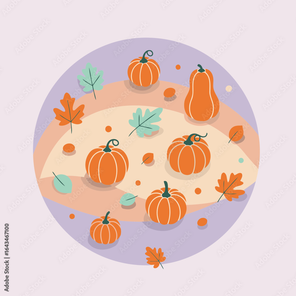 Fototapeta premium Autumnal pumpkin and leaf design with pastel colors. Circular composition of pumpkins and leaves on layered pastel backgrounds.