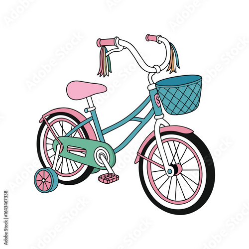 teal bicycle, pink seat, white handlebar grips, basket on front, cartoon style, digital illustration, vibrant colors, clean lines, minimalist design, vector design
