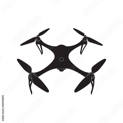 Black Silhouette of Drone Quadcopter on White Background, Top View
