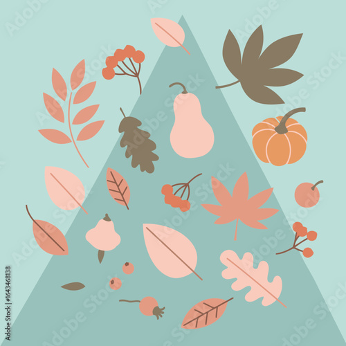 Autumnal design featuring assorted leaves, berries, and gourds in muted peach, orange, and brown tones on a light teal background. Abstract fall elements scattered with a triangular shadow overlay.