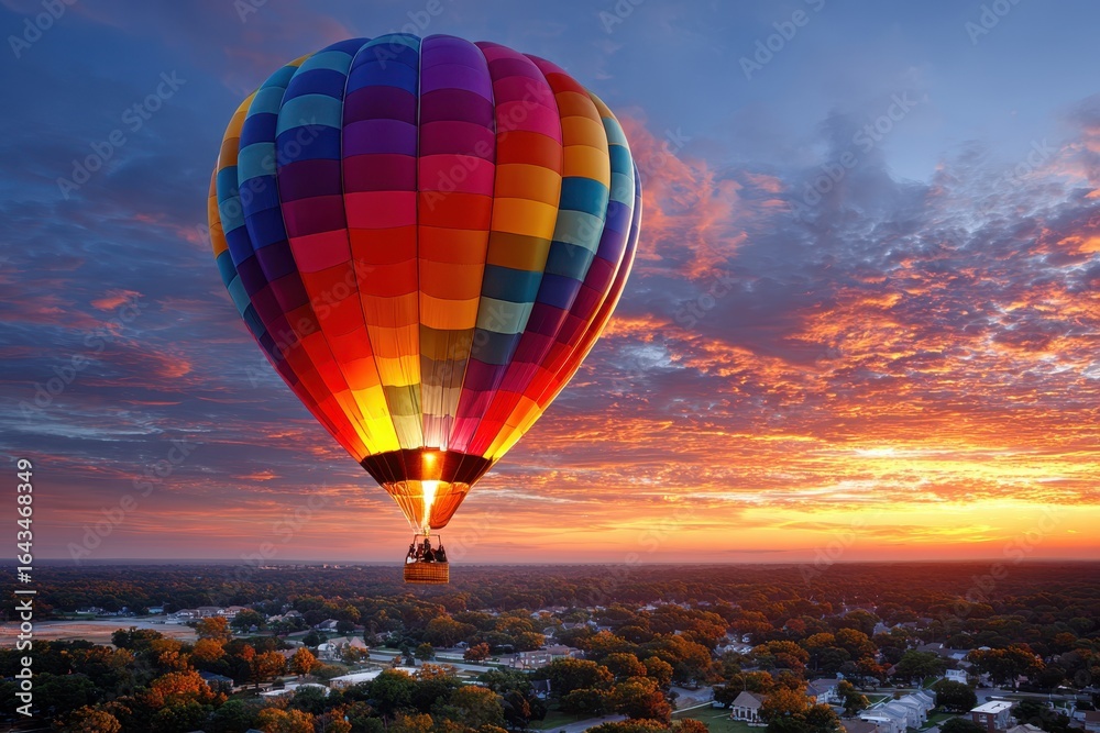 Fototapeta premium Colorful hot air balloon flying over a scenic landscape at sunset