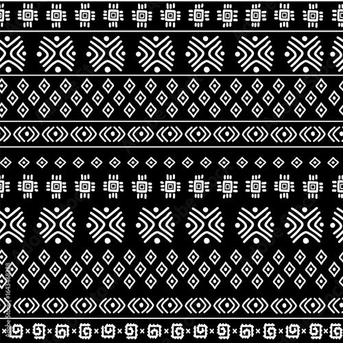 Seamless African tribal geometric pattern in black and white. Ethnic decorative ornament with traditional geometric shapes for textiles, wallpapers, packaging, backgrounds,cultural design. Vector