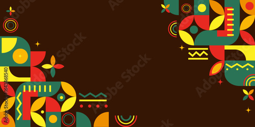 African inspired geometric border banner design with colorful tribal patterns in red, yellow, green, and brown, suitable for invitations, posters, greeting cards, cultural event , background.Vector