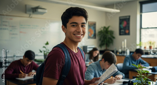 Photo of a smiling male student with a backpack holds a notebook in a classroom setting with other students studying