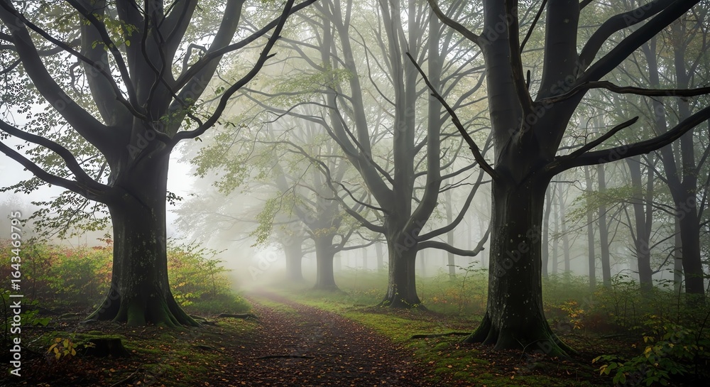 Obraz premium Foggy forest path lined with tall trees
