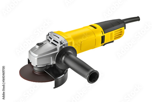 Yellow and silver angle grinder with handle isolated on a transparent background
