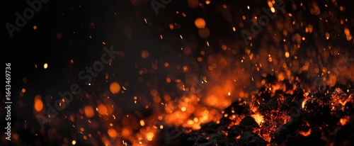 The captivating glow of molten lava and its fiery sparks dancing.