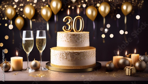 a stylish three tier cake with 30 candles surrounded by champagne flutes and festive decorations perfect for a 30th birthday celebration
