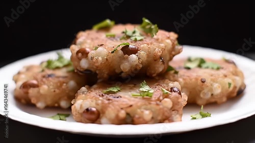 Authentic Sabudana Vada Fritters Stack on White Plate Sprinkled with Coriander Against Dark Backdrop Aromatic and Crispy Indian Snack Ideal for Festive Occasions Detailed Close Up Perfect for