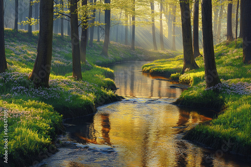 Morning sunlight reflecting off a gentle forest stream in spring, surrounded by budding trees and carpeted in early green grass