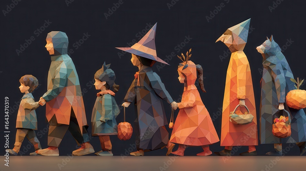 Fototapeta premium Low Poly Halloween Children Trick or Treating