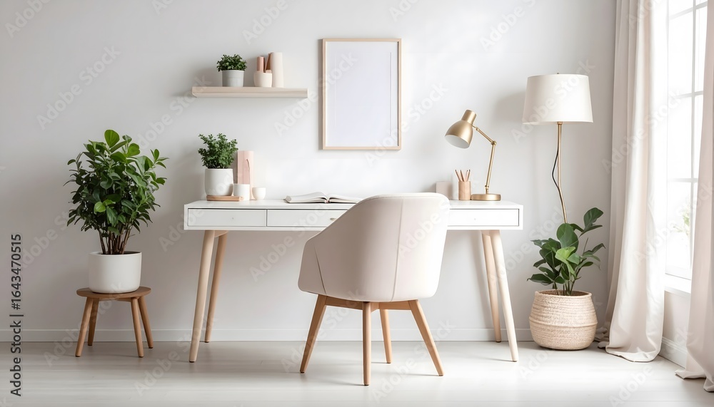 Fototapeta premium Bright minimalist home office with plants, desk, chair, and natural light