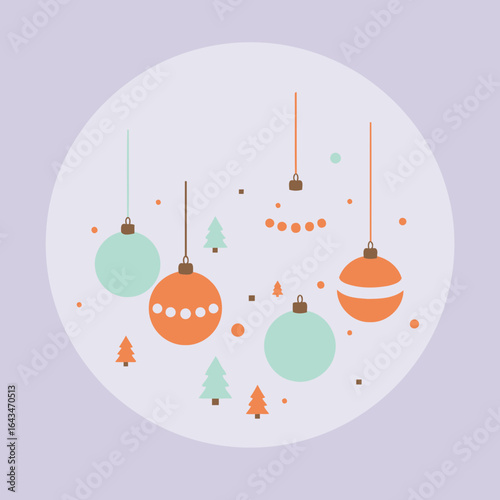 Christmas ornament design with wintery theme in a circle shape. Colorful ornaments and small Christmas trees are suspended with strings, set against a soft lavender background.