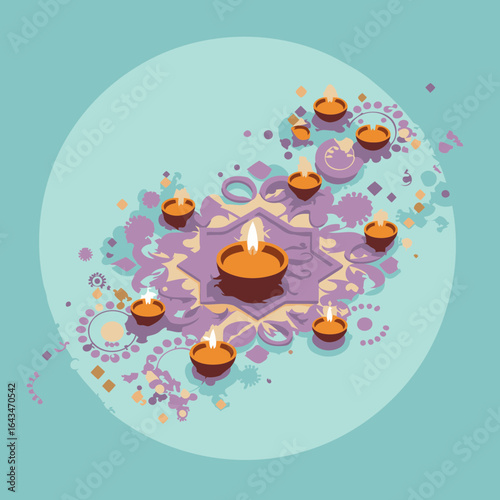 Diwali diya lamps arranged in a decorative mandala design on a teal background.