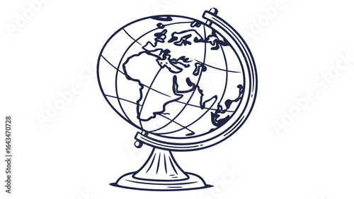Illustration of a vintage globe with continents and meridians on a stand isolated on a white background