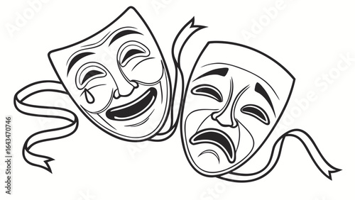 Illustration of two theatrical masks depicting comedy and tragedy with ribbon accents and bold black lines