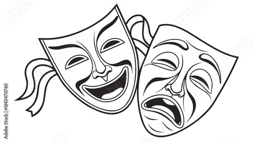 Illustration of theatrical masks representing comedy and tragedy in black and white outline style