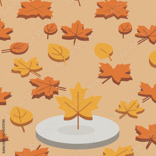 Autumnal maple leaves scattered on a light beige background with a single, prominent, golden leaf on a circular platform. A display of autumnal foliage, perfect for seasonal advertising.