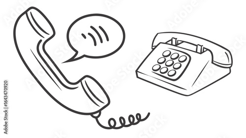 Illustration of a vintage telephone with handset off the hook and a speech bubble showing sound 100