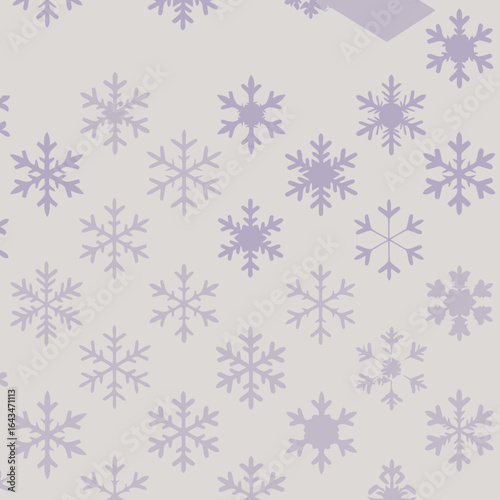 Snowflake pattern on a pastel background with geometric shapes. Abstract design featuring many snowflakes in muted shades of purple and pale colors.