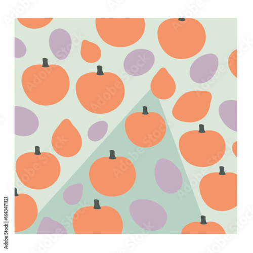Abstract pattern of pumpkins and plums in muted colors with a geometric background. Simple, vibrant shapes with a modern aesthetic.