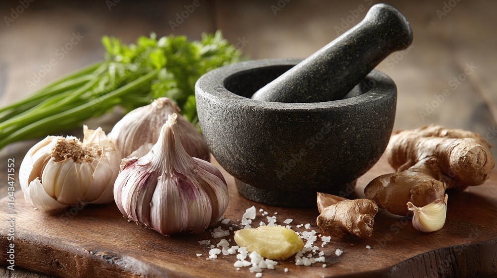 Culinary Herbs & Spices: Ginger, garlic, and parsley arranged with a mortar & pestle, evoke flavors. A rustic, wooden surface complements this culinary scene. Culinary Herbs & Spices: Ginger, garlic, and parsley arranged with a mortar & pestle, evoke flavors. A rustic, wooden surface complements this culinary scene.
