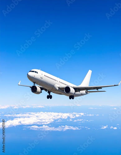 White passenger jet flying above fluffy clouds against a vibrant blue sky