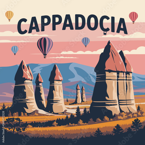 Cappadocia Turkey Vintage Travel Poster with Hot Air Balloons