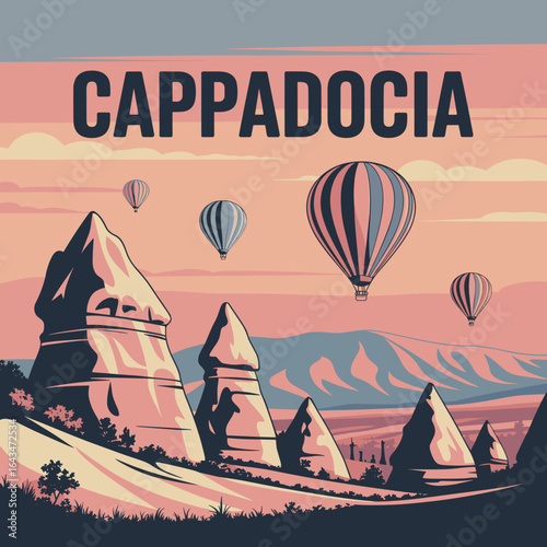 Cappadocia Turkey Vintage Travel Poster with Hot Air Balloons