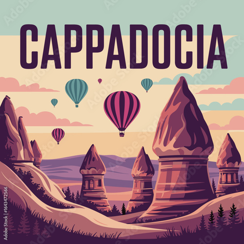 Cappadocia Turkey Vintage Travel Poster with Hot Air Balloons