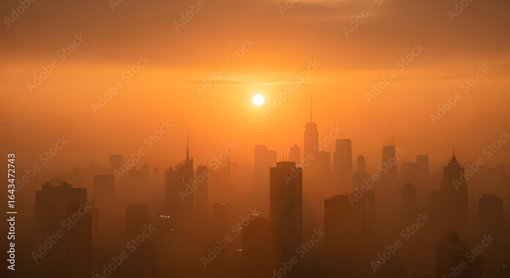 Obraz premium Cityscape at Sunrise with Orange Haze and Skyscrapers.