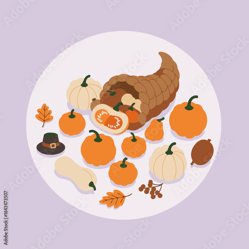Thanksgiving cornucopia overflowing with pumpkins, gourds, and fall foliage on a white plate. Autumnal harvest display with fall colors and elements.