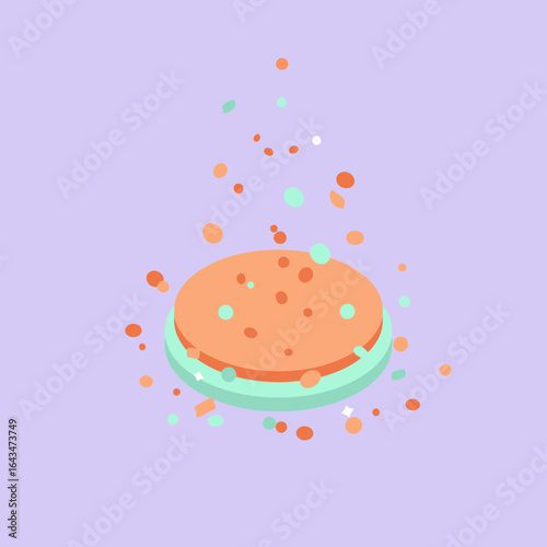 Abstract geometric platform with confetti in pastel colors. Circular, layered orange and teal platform with falling confetti on a light purple background.