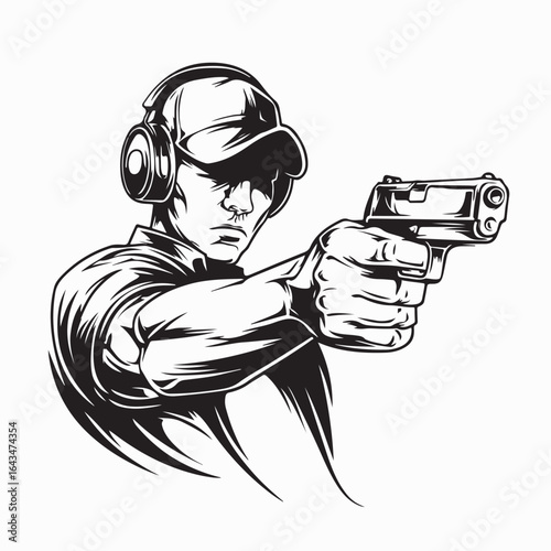 Shooting Athlete Wearing Cap and Headphones Training Vector